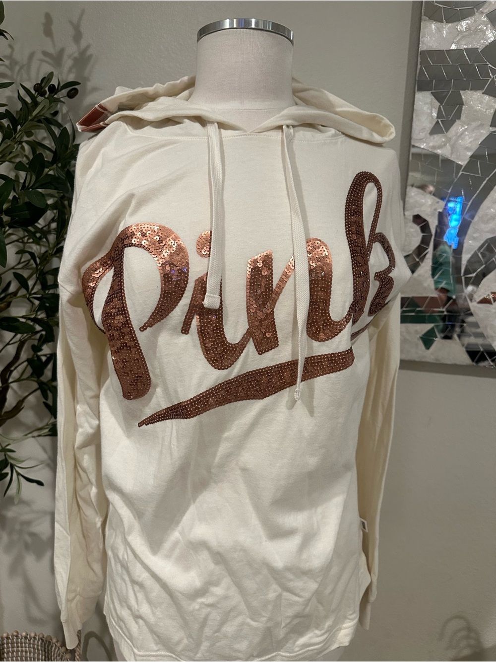 Victoria's Secret Cream Hoodie with Copper Sequin 'Pink' Script